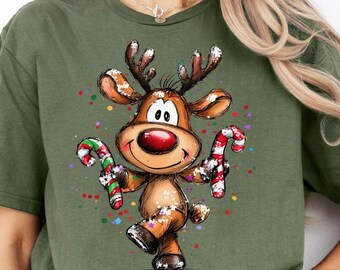 Cute Reindeer Christmas Shirt, Candy Cane Holiday Tee