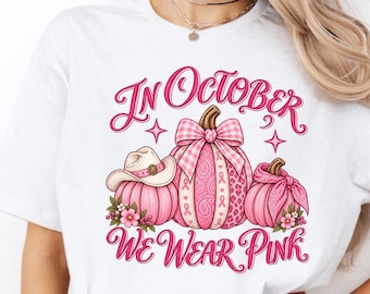 Pink October T-Shirt: Pumpkins, Bow, Cowgirl Hat (DTF Print)