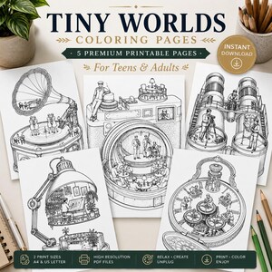 May include: A set of five printable coloring pages titled Tiny Worlds Coloring Pages for Teens & Adults. The black and white line art illustrations feature miniature scenes inside a gramophone, a camera, binoculars, a desk lamp, and a pocket watch.