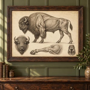Può includere: Un'illustrazione anatomica incorniciata di un bisonte in toni seppia. L'opera presenta un profilo laterale completo che mostra la struttura muscolare, un ritratto dettagliato frontale, un primo piano di una zampa e una vista degli zoccoli.