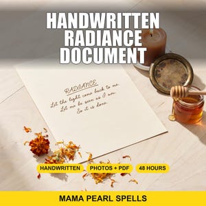 May include: A cream-colored document featuring the handwritten text: RADIANCE, Let the light come back to me, Let me be seen as I am, So it is done. Beside the paper sits a brown candle, a metal lid, and a glass jar of honey with a wooden dipper.