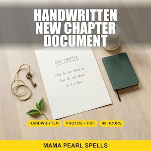 May include: A white document with the handwritten text NEW CHAPTER, Close the door behind me, Open the road ahead, So it is done. Beside the paper is a small antique brass key with a twine string, a green notebook, and a small green plant sprig.