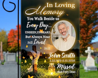 Custom In Loving Memory Dad Memorial Garden Flag, Personalized Name Date Photo Double Sided, Grave Cemetery Outdoor Yard Home Decor