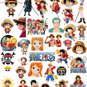 Op de afbeelding: Een verzameling stickers met personages en logo's uit de anime-serie One Piece, waaronder Monkey D. Luffy in verschillende houdingen, Roronoa Zoro, Nami en Tony Tony Chopper, naast het One Piece schedel- en kruisbeenderen-embleem.