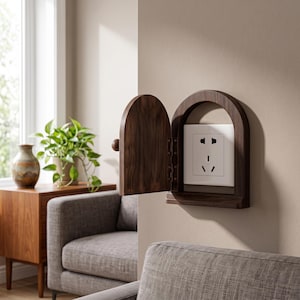 May include: A dark brown wooden wall-mounted cover with an arched design and a hinged door that opens to reveal a white electrical outlet. The frame features a smooth finish and a small round knob on the side of the door for easy opening and closing.