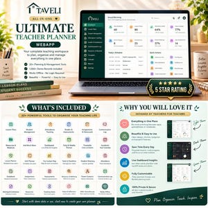 May include: A digital teacher planner webapp displayed on a laptop screen, featuring a dashboard with student metrics, schedules, and quick actions. The promotional graphic includes text detailing features, a list of included tools, and design themes.