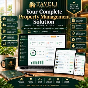 May include: A digital marketing graphic for Taveli Property Manager Pro software featuring a laptop, tablet, and smartphone displaying property management dashboards. The image includes text detailing features like rent, maintenance, and tenant tracking.