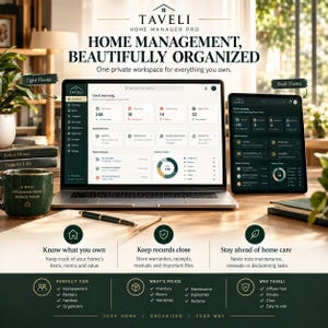 May include: Taveli Home Manager Pro software displayed on a laptop and tablet. The interface shows home inventory, maintenance, and digital files in both light and dark themes. Text includes Home Management, Beautifully Organized, and Your Home, Organized, Your Way.