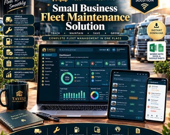 May include: A digital fleet management software display on a laptop, tablet, and smartphone. The screens show dashboards with vehicle status, maintenance logs, and fuel usage. A branded mug and notebook are present with the Taveli Fleet Manager Pro logo.