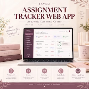 Puede incluir: Un ordenador portátil que muestra la interfaz de la aplicación web Taveli Assignment Tracker con un panel de control que muestra tareas, cursos y métricas de progreso. La pantalla incluye texto como Good Morning, Student y categorías.