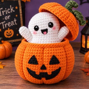 May include: A crocheted white ghost with black eyes and pink cheeks sits inside a crocheted orange pumpkin container. The pumpkin has a black stitched jack-o'-lantern face and a separate orange lid with a green stem on top.