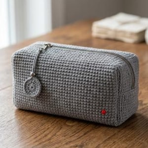 Puede incluir: Un estuche rectangular de ganchillo gris con cierre de cremallera. El estuche cuenta con un dije de ganchillo circular gris a juego unido al tirador de la cremallera y un pequeño detalle de cuenta roja en la esquina inferior derecha.