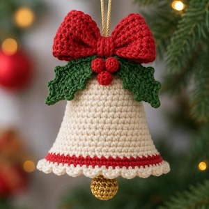 Può includere: Un ornamento a forma di campana lavorato all'uncinetto color crema con un grande fiocco rosso in cima, foglie di agrifoglio verdi e tre piccole bacche rosse. Il bordo inferiore ha una striscia rossa e un bordo smerlato crema con una pallina.
