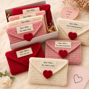 May include: A collection of small, rectangular, crocheted envelopes in shades of red, pink, and cream. Each envelope features a fabric label with the text Open When and a specific phrase, such as You need a hug, and a small red crocheted heart.