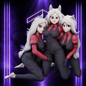 May include: A trio of anime-style figurines with white hair and red eyes, wearing red long-sleeved shirts, black vests, and black trousers. The figures are posed together in a kneeling position against a dark background with vertical purple neon lights.