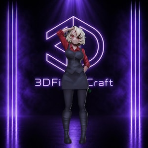 Puede incluir: Una figura de un personaje con cabello rubio corto y ojos rojos, que viste una camisa roja de manga larga bajo un chaleco y falda negros, con leggings y botas negras. La figura se encuentra frente a un letrero de neón morado 3DFi Craft.