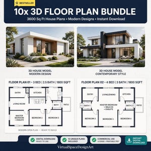 May include: A digital bundle of 10x 3D floor plans featuring 3600 sq ft house designs. The graphic displays two exterior house renderings and two detailed floor plan layouts labeled Floor Plan 01 and Floor Plan 02 with room specifications.
