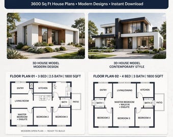May include: A digital bundle of 10x 3D floor plans featuring 3600 sq ft house designs. The graphic displays two exterior house renderings and two detailed floor plan layouts labeled Floor Plan 01 and Floor Plan 02 with room specifications.