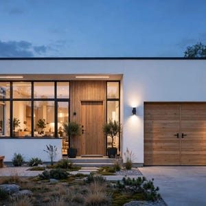May include: A modern single-storey house with white exterior walls, large floor-to-ceiling windows with black frames, a vertical wood-panelled front door, and a matching wood-panelled garage door. Exterior wall-mounted lights illuminate the facade.