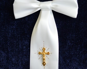 First Communion Arm Bow White Ribbon with Gold Cross