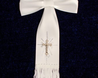 First Communion Arm Bow White Ribbon Silver Cross