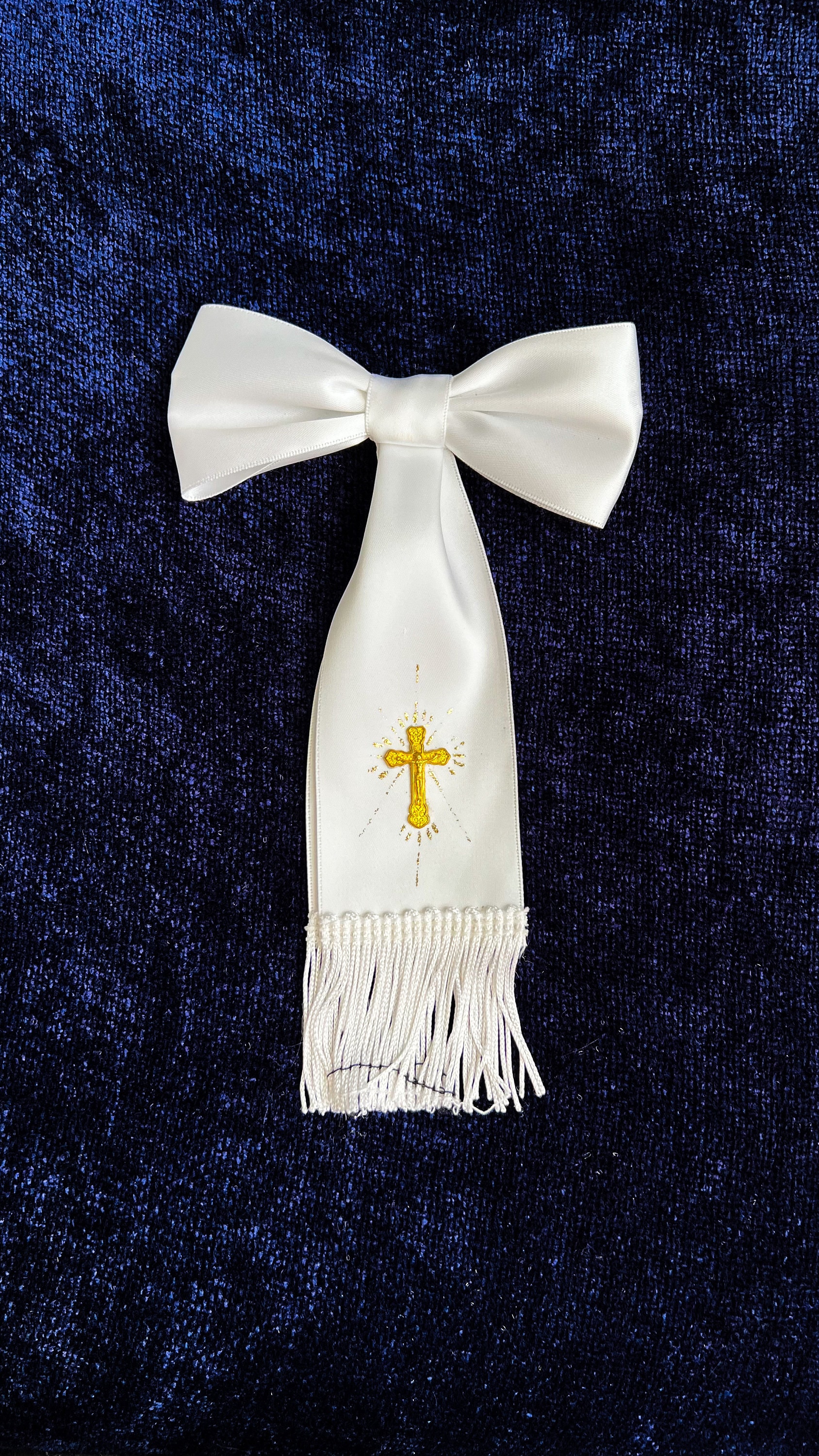 First Communion Arm Bow White Ribbon with Gold Cross