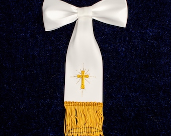 First Communion Arm Bow White Ribbon with Gold Cross