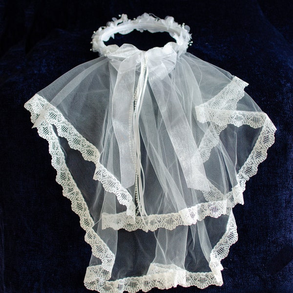 First Communion or Flower girl Veil with Flower Crown ribbon bow trim 2 tier