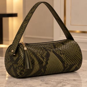 May include: A cylindrical handbag featuring a dark olive green snakeskin pattern. The bag has a single arched handle, a top zipper closure with a matching green tassel pull, and a structured, rounded shape with a textured, reptilian-like finish.
