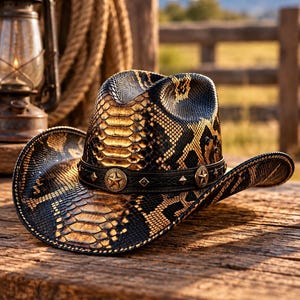 May include: A cowboy hat featuring a black and gold snakeskin pattern. The hat includes a black leather band adorned with metallic star-shaped studs and circular emblems, showcasing a structured crown and a wide, curved brim with detailed stitching.