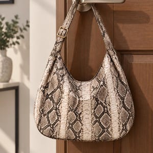 Silver Snakeskin Leather Hobo Bag, Women’s Shoulder Bag, Slouchy Handbag, Luxury Python Print Purse, Everyday Fashion Bag, Gift for Her