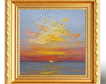 Peinture à l'huile abstraite peinte à la main représentant un ciel et un coucher de soleil sur l'océan. Décoration murale côtière. Mini peinture à l'huile représentant un lever de soleil sur l'océan. Décoration murale moderne pour la maison.