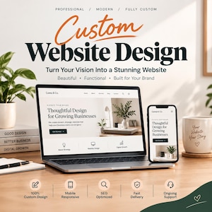 May include: A laptop and smartphone displaying a website design for Luma & Co. with the text Custom Website Design, Turn Your Vision Into a Stunning Website, Beautiful, Functional, Built for Your Brand, and icons for custom design and support.