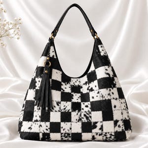 Handmade Cowhide Patchwork Hobo Bag, Cow Print Slouchy Shoulder Purse, Rustic Southwestern Handbag