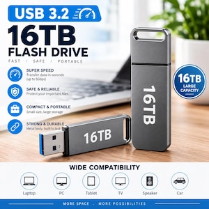 Può includere: Un'unità flash USB 3.2 grigio metallizzato con capacità di 16TB stampata sul corpo. Il dispositivo presenta un involucro metallico rettangolare con un occhiello sulla parte superiore. Il testo nell'immagine include USB 3.2, 16TB FLASH DRIVE e WIDE COMPATIBILITY.