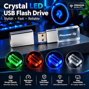May include: A clear crystal USB flash drive with a silver metal cap and the text Pioneer DJ printed on the body. The device features an internal LED light that glows in green, red, blue, or white, as shown in the four circular product previews.