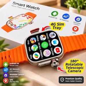 Peut inclure: Une montre connectée argentée avec un bracelet en silicone orange vif. L'écran affiche diverses icônes d'applications, dont WhatsApp, Instagram et YouTube. Elle est dotée d'une caméra télescopique rotative à 180 degrés et d'un tiroir SIM 4G.