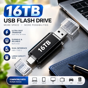 Könnte beinhalten: Ein schwarzer 16TB USB-Stick mit dualer Schnittstelle, ausgestattet mit USB- und Typ-C-Anschlüssen. Das Gerät verfügt über zwei transparente Kunststoffschutzkappen. Auf dem Stick steht 16TB und das Bild zeigt technische Spezifikationen.