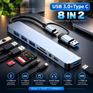 8-i-2 USB-C-hubbadapter, multiportanslutning för bärbara datorer (aluminiummodell)