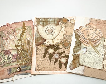 Neutral colors Collage, set of 3 one of a kind greeting cards, unique, paper art, sepia, layered cards, florals, birds, butterflies, Wcards
