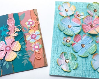 3D Flowers, Set of 2 cards, blank greeting cards, lots of flowers, paper art, one of a kind notecards,  handmade card by Wcards