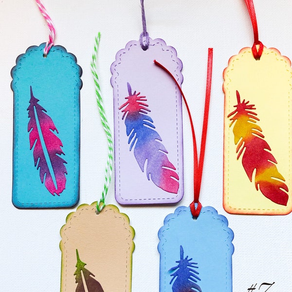 Feather gift tags - yellow, blue, red, turquoise, handmade gift adornments