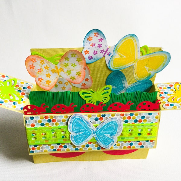 Pop Up box cards - lots of butterflies - lady bugs, yellow, red, blue, butterfly, special birthdays, Mother’s Day, happy cards