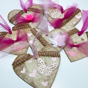 6 etiquetas de presente em formato de coração, corações adornados, etiquetas de presente artesanais feitas à mão, variedade de etiquetas, corações rosa, etiquetas grandes de amor, lembrancinhas de casamento
