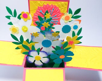 Flowers in a box - Birthday pop up box cards - Sweet Mother’s Day cards Bright and cheerful Hand made cards - Mother’s Day- birthday