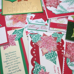 12 Poinsettia Christmas cards, set of Christmas cards, Holiday cards set, assortment of poinsettia cards, red, gold, green, foil, handmade