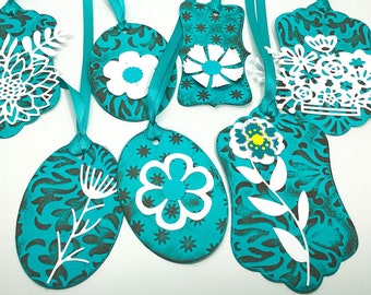 DIY Die cuts, embossed, inked, diy gift tags, diy journaling cards, inserts, book marks, card making layers, green, blue, turquoise