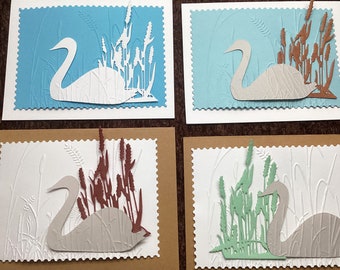 DIY Swan and Cattails notecards - set of 8 blank greeting cards - Easy assembly  - Wcards creations