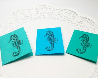 Seahorse Mini cards - set of 20 with or without envelopes - white and blue - sea - turquoise  - seahorse tiny message cards