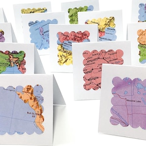 2 inch scallop squares mini message cards, Buy 2 get 1 free sets of minis, world map tiny notes, love notes, thank you, lunchbox messages